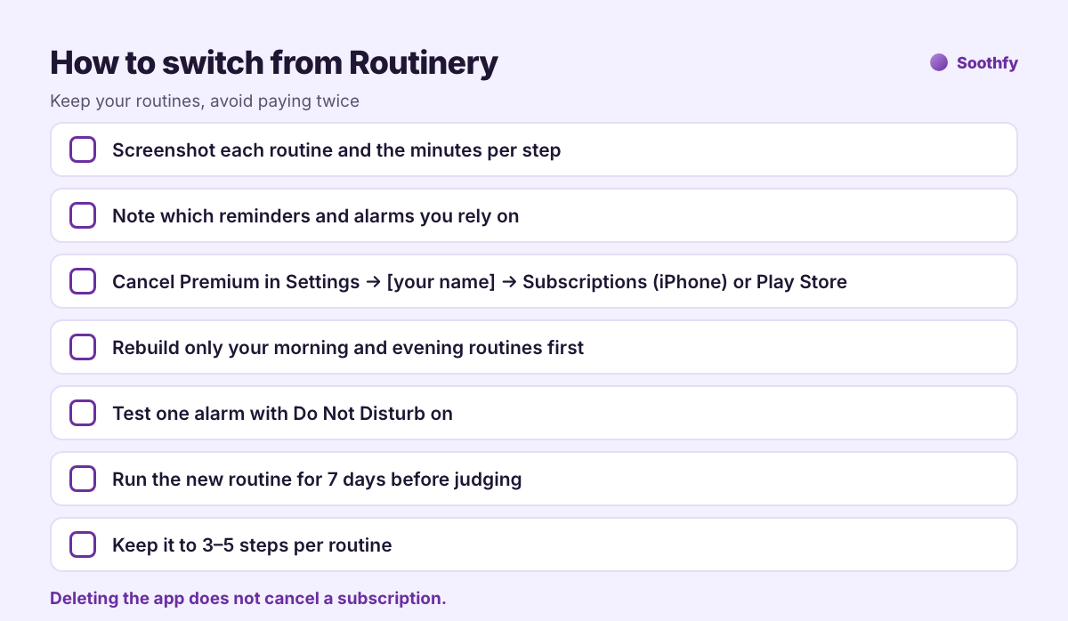 Checklist: how to switch from Routinery, screenshot routines, note alarms, cancel premium, rebuild morning and evening first, test alarm with Do Not Disturb