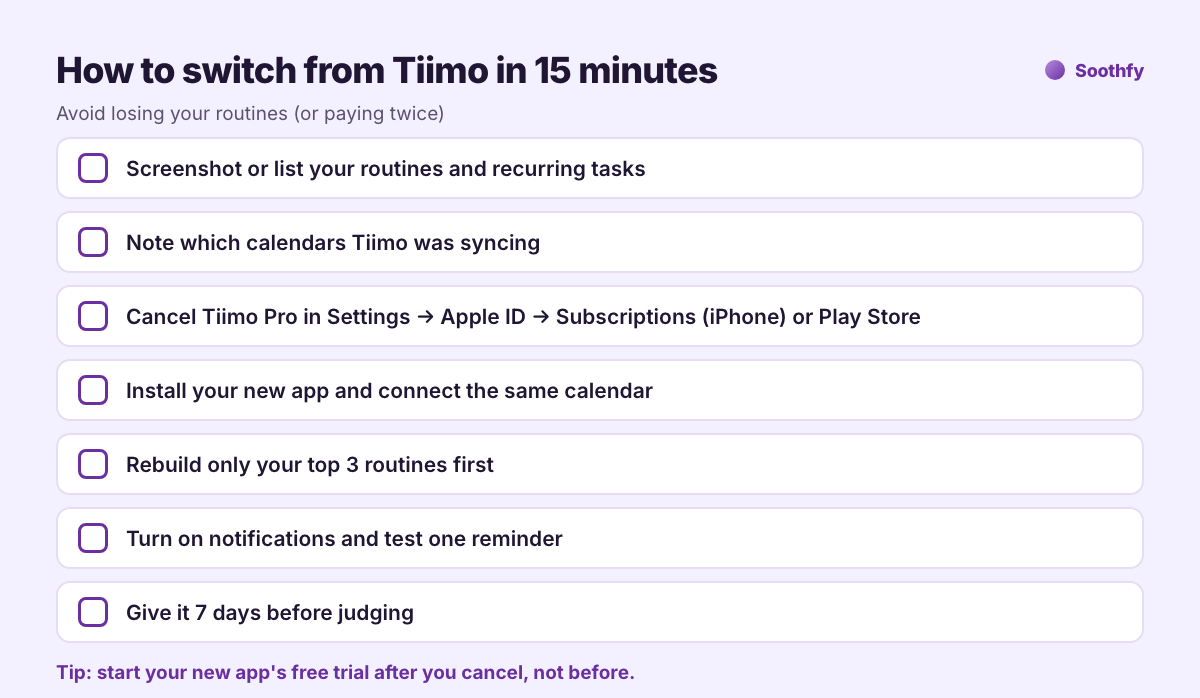 Checklist: how to switch from Tiimo in 15 minutes without losing routines or paying twice