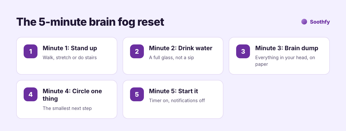 The 5-minute brain fog reset: stand up, drink water, brain dump, circle one next step, start it with a timer