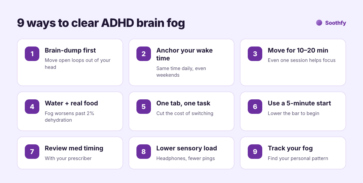 Infographic: 9 ways to clear ADHD brain fog, including brain dump, consistent wake time, movement, hydration, single-tasking, 5-minute start, medication review, lower sensory load and tracking