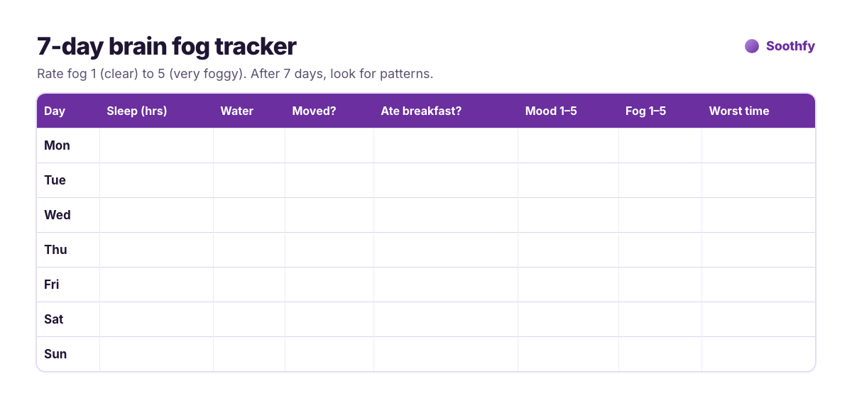 Free printable 7-day ADHD brain fog tracker with columns for sleep hours, water, movement, breakfast, mood, fog rating and worst time of day