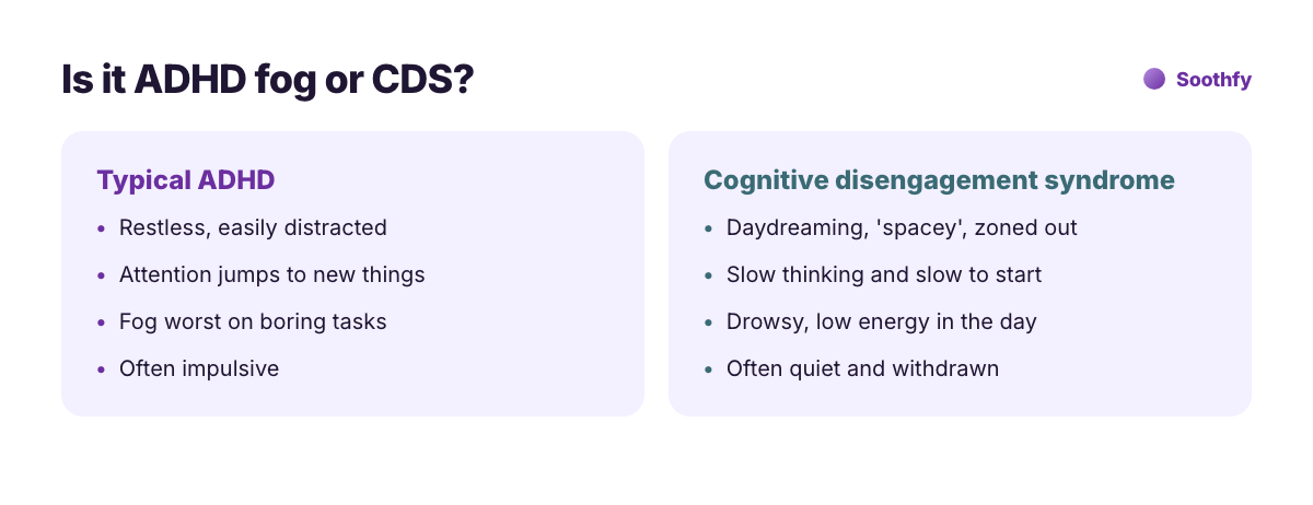 ADHD brain fog vs cognitive disengagement syndrome: ADHD is restless and distractible while CDS is spacey, slow, drowsy and withdrawn