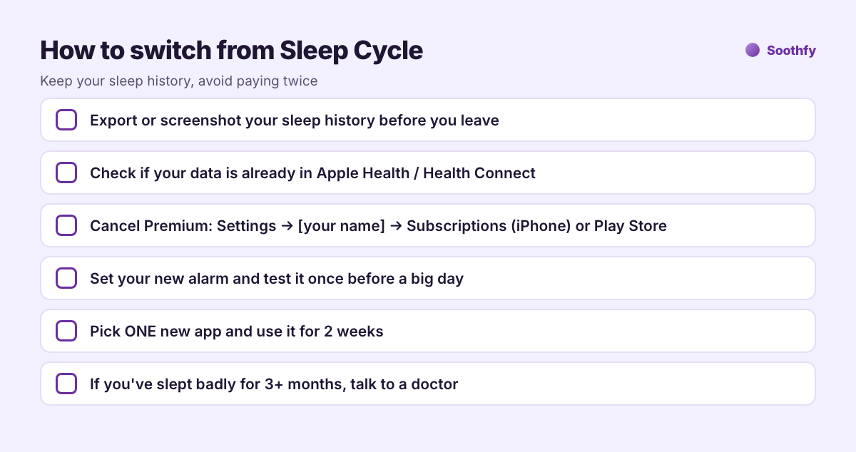 Checklist: how to switch from Sleep Cycle, save sleep history, check Apple Health, cancel Premium, test new alarm, use one app for 2 weeks, see a doctor if insomnia lasts 3 months