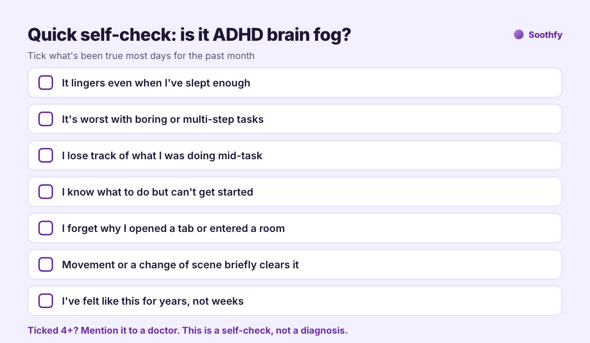 Quick self-check checklist: is it ADHD brain fog? Seven statements about lingering fog, boring tasks, losing track and difficulty starting